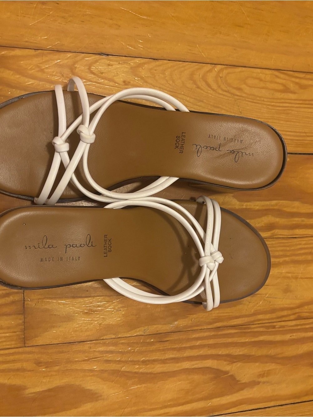 Mila Paoli White Knotted Strap Leather Slide Sandals